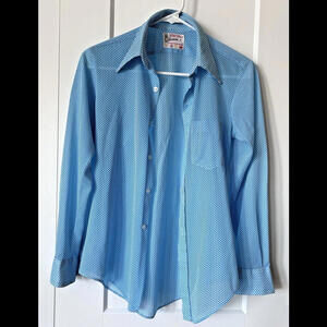 Vintage Rayon Polyester Button Up Shirt Men's Blue White Mini Check Long Sleeve